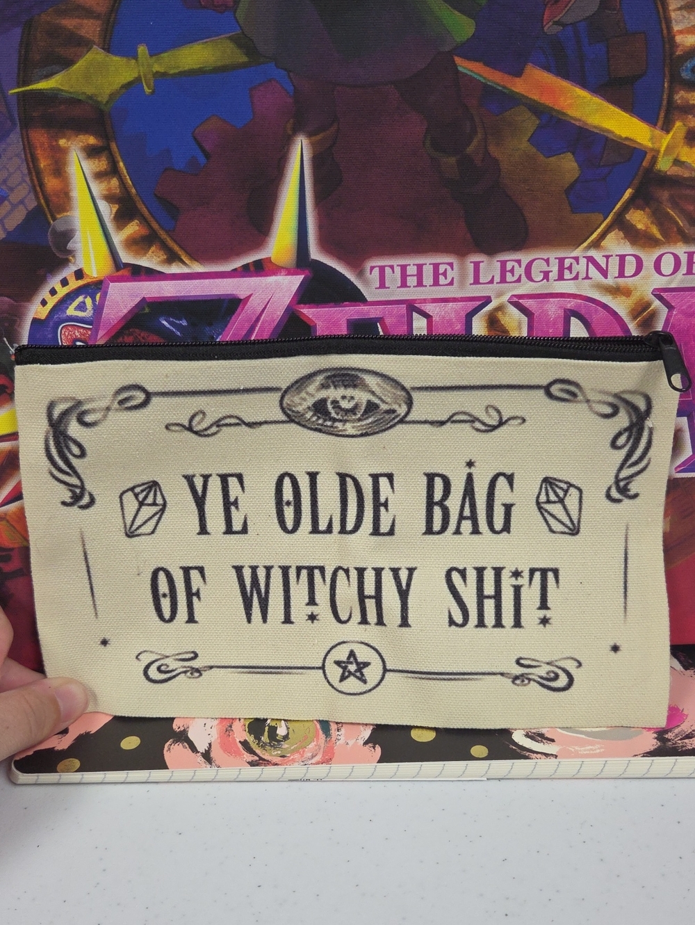 Canvas 'Ye Olde Bag of Witchy Shit' Zipper Pouch - Cream/Black